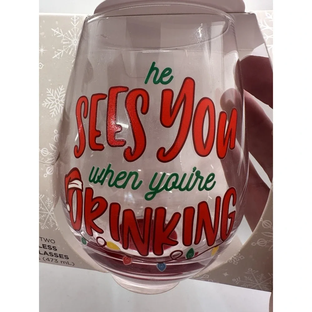 Merry Makers‎ Holiday Stemless Wine Glasses Set of 2 Christmas Sayings 16oz